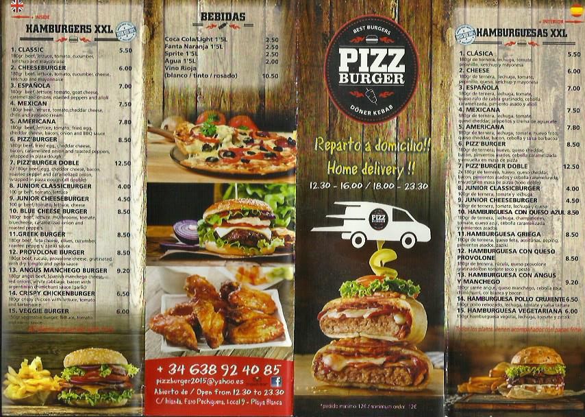 pizzburger menu takeaway lanzarote  carta